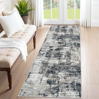 2x7 Runner Rug for Hallway, Washable Modern Abstract Runner Rugs Neutral Soft Non Slip Kids Rug Stain Resistant Indoor Runners for Entryway Bedroom Kitchen Laundry Room(BlackGrey, 2'x7')