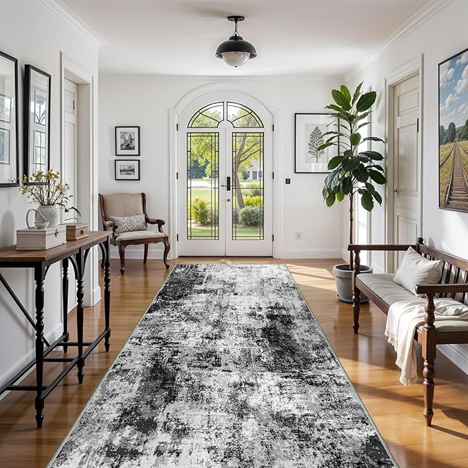 4x10 Wide Washable Runner Rug: Easy-to-Clean Runners for Hallway Entryway Kitchen Bedroom Living Room - Stain and Water Resistant Rugs with Non-Slip Backing - Soft Low-Pile Carpet Black Grey