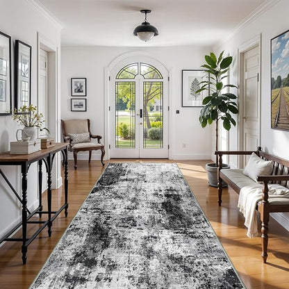 4x10 Wide Washable Runner Rug: Easy-to-Clean Runners for Hallway Entryway Kitchen Bedroom Living Room - Stain and Water Resistant Rugs with Non-Slip Backing - Soft Low-Pile Carpet Black Grey