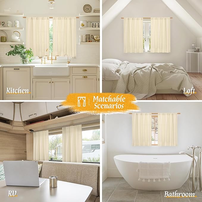 LAMIT Beige Linen Curtains for Small Windows, 45 Inches Long 2 Panels Light Filtering Panels Rod Pocket Neutral Privacy Window Drapes for Living Room/Bedroom, 42 x 45 Inch