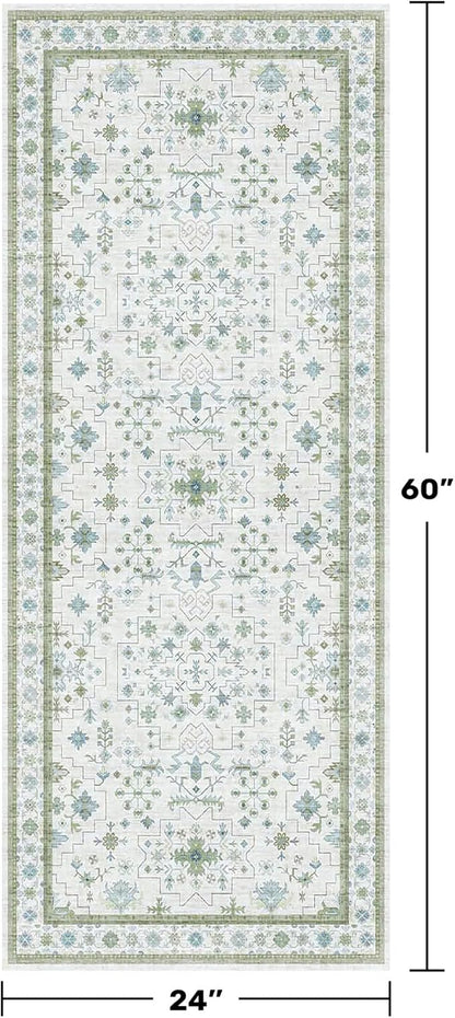 Hazo Haus Washable Oushak Bathroom Runner Rug 2x5 - Eclectic Boho Floral Pastel, Non Slip Low Pile Stain Resistant Small Throw Rug for Bedroom, Laundry Room, Powder Room, Cream Green