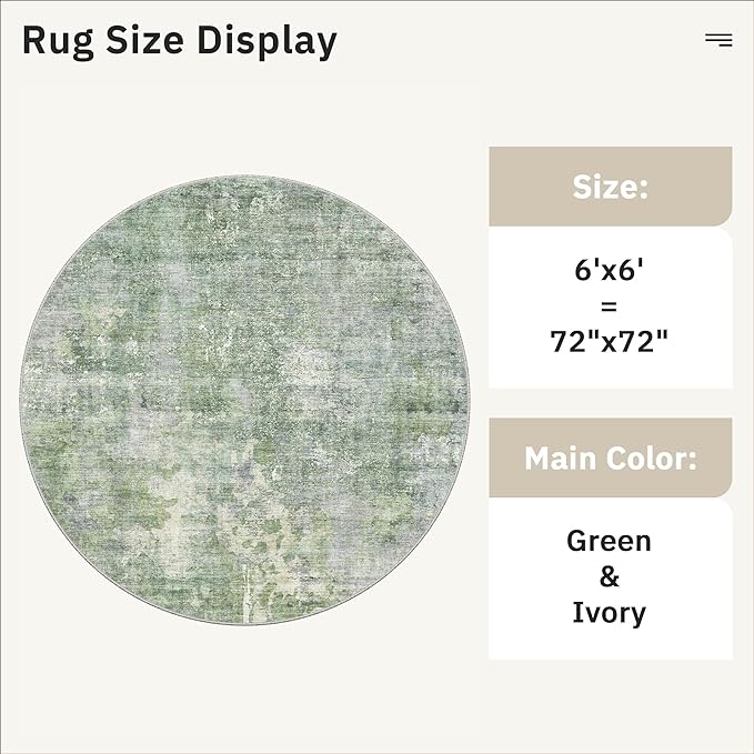 6x6 Green/Ivory Round Rug 6ft Living Room Circle Rug Vintage Round Area Rug Non Slip Indoor Carpet for Dining Room Bedroom
