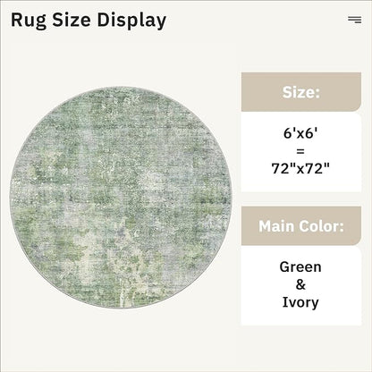 6x6 Green/Ivory Round Rug 6ft Living Room Circle Rug Vintage Round Area Rug Non Slip Indoor Carpet for Dining Room Bedroom