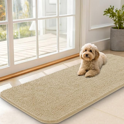 OLANLY Dog Door Mat for Muddy Paws 47x20, Absorbs Moisture and Dirt, Absorbent Non-Slip Washable Doormat, Quick Dry Chenille Mud Mat for Dogs, Entry Indoor Entryway Carpet for Inside Floor, Beige