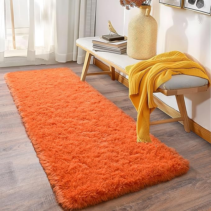Soft Runner Rugs for Bedroom Hallways, 2x6 Orange Fluffy Shag Throw Area Rug Non Slip for Bedside Dorm, Long Shaggy Furry Carpet for Nursery Living Room