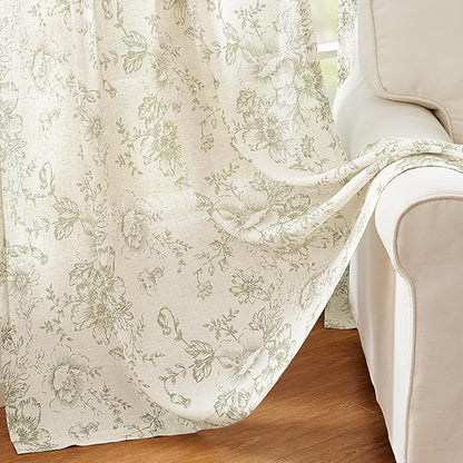 jinchan Linen Blend Floral Curtains for Living Room 90 Inch Length Farmhouse Printed Curtain Rod Pocket Back Tab Sage Green Peony Flower Patterned Drapes Bedroom Curtains Set 2 Panels