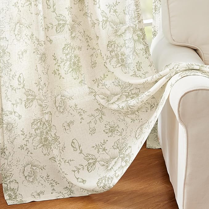 jinchan Linen Blend Floral Curtains for Living Room 63 Inch Length Farmhouse Printed Curtain Rod Pocket Back Tab Sage Green Peony Flower Patterned Drapes Bedroom Curtains Set 2 Panels