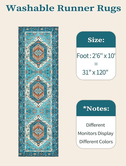 SERISSA Boho Washable Runner Rug, 2'6"x10' Rug Runner Non-Slip Vintage Blue Hallway Kitchen Runner Rug Ultra Soft Print Distressed Tribal Floor Carpet Runner for Bedroom Bathroom Laundry Room