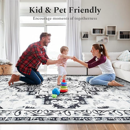 Rugflix 6x9 Area Rug for Living Room, Machine Washable Area Rugs with Non-Slip Backing, Large Soft Boho Vintage Rug for Bedroom, Dining Room, Low Pile Carpet, Kids Pet Friendly, Grey