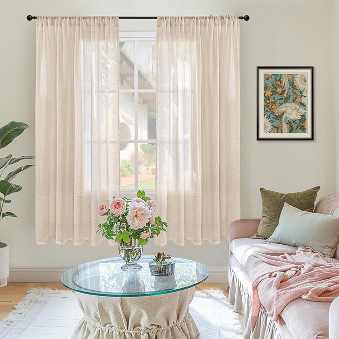 BGment 63 Inches Long Burlap Linen Semi Sheer Curtains for Living Room - Natural Tan Drapes Rod Pcoket Light Filtering Window Treatments for Farmhouse Bedroom Lightweight, 2 Panels Set, 52 X 63 Inch