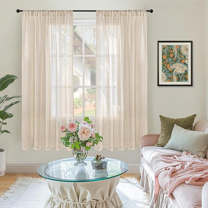 BGment 63 Inches Long Burlap Linen Semi Sheer Curtains for Living Room - Natural Tan Drapes Rod Pcoket Light Filtering Window Treatments for Farmhouse Bedroom Lightweight, 2 Panels Set, 52 X 63 Inch