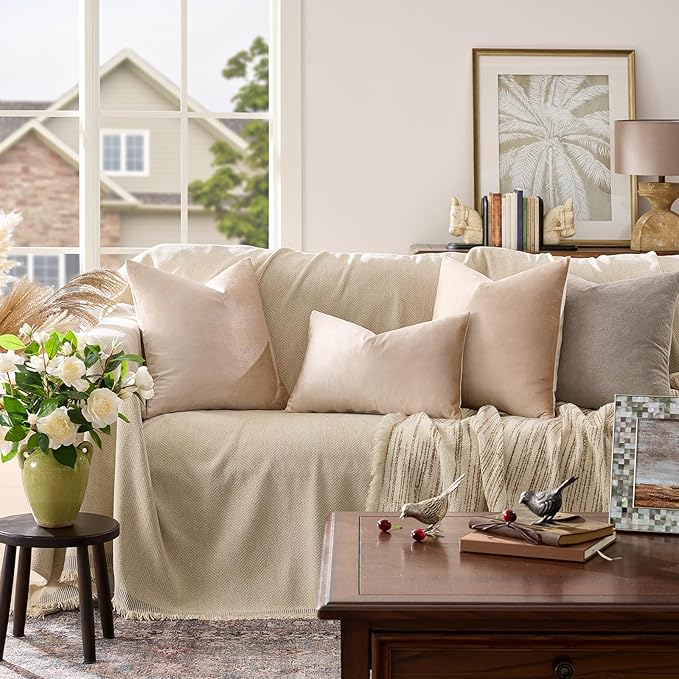 GIGIZAZA 22x22 Beige Pillow Covers: Pack of 2 Champagne Vintage Throw Pillows Super Soft Velvet Covers - Decorative Elegant Square Big Solid Cushion Covers Used for Couch,Living Room,Bedroom