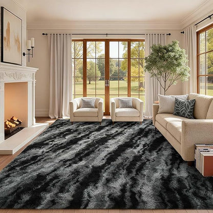 Area Rugs for Living Room, 6x9 Feet Soft Fluffy Shagg Plush Rug High Pile Large Non-Slip Floor Carpet for Bedroom Nursery Dorm Decor Aesthetic Black