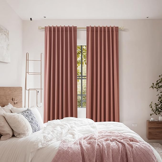 Dusty Rose 100% Blackout Linen Curtains 108 Inch Length 2 Panels Set for Girls Bedroom Back Tab Thermal Insulated Black Out Drapes Room Darkening Farmhouse Style for Bedroom Window Curtains 52x108