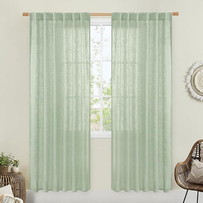 LAMIT Fresh Green Linen Curtains for Living Room, 80 Inch Faux Linen Textured Light Filtering Drapes Back Tab and Rod Pocket Boho Panels for Farmhouse/Bedroom/Porch, 52 x 80 Inch, 2 Panels Set