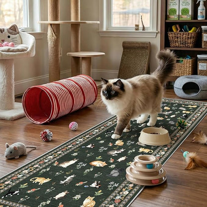 2'6"x8' Washable Kitchen Runner Rug - Soft Low Pile Floral Animal Cat Print Rugs with Non-Slip Backing Waterproof Stain-Resistant Indoor Carpet for Hallway Entryway Bathroom Bedroom (Sage Green)