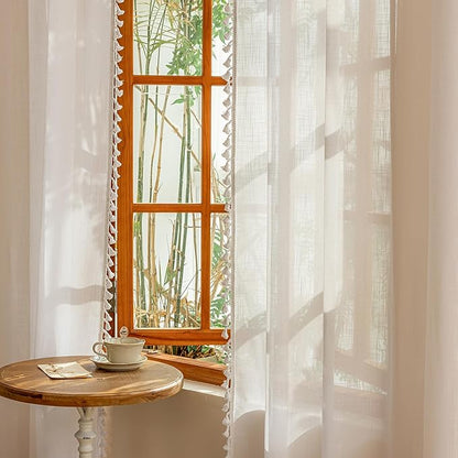 MYSKY HOME Boho Farmhouse White Long Curtains for Living Room, Light Filtering Privacy Semi Sheer Window Treatments with Tassle for Sliding Glass Door, 50" W×90" L, Pure White, Set of 2