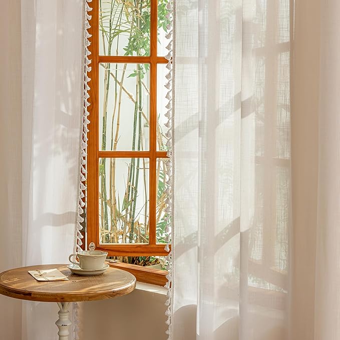 MYSKY HOME 72 Inches Long Semi Boho Sheer White Door Curtains for Closet Doorways,Light Filtering Back Tab Macrame Privacy Protect Farmhouse Drapes for Dining Room, 50" x 72",Pure White, 2 Panels