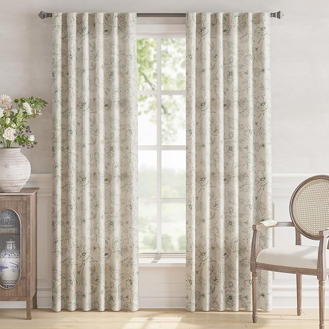 jinchan Floral Linen Curtains for Living Room 84 Inch Length Green Flower Curtain Rod Pocket Back Tab Farmhouse Curtains with Printed Floral Bedroom Window Curtain Set, 2 Panels Green