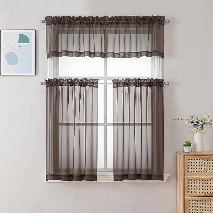 Chyhomenyc Sheer Valances for Windows 2 Pieces, 42Wx14L Inches Brown Small Window Valance for Living Room Bathroom Cafe Laundry Basement, Elegant Chocolate Rod Pocket Voile Valance