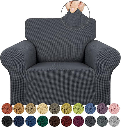 KEKUOU Stretch Single Sofa Slipcover 1 Piece Couch Sofa Cover (31"-55") Furniture Protector 1 Seater Sofa with Elastic Bottom for Kids,Pet.Jacquard Small Checked Pattern Fabric(Small,Charcoal)