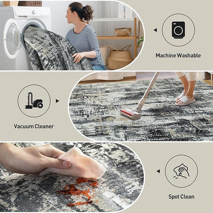 5x7 Area Rugs Washable Rug: Modern Abstract Living Room Rug Soft Anti-Skid Thin Carpet Indoor Floor Non-Shedding Carpets for Bedroom Dining Room Farmhouse Nursery Home Office Black Grey Gold
