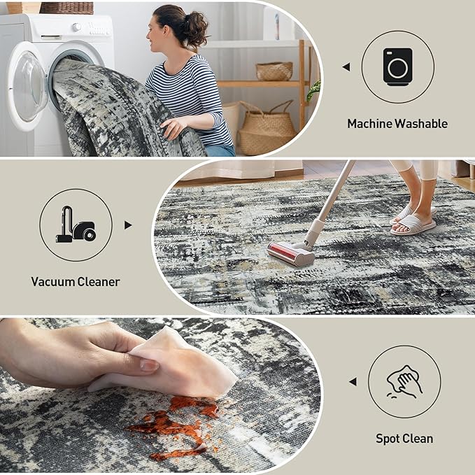 2'6''x8' Runner Rugs Washable Rug: Modern Abstract Hallway Runner Rug Indoor Soft Low Pile Thin Carpet Anti-Skid Non-Shedding Carpets for Kitchen, Entryway, Laundry, Bedroom - Black Grey Gold