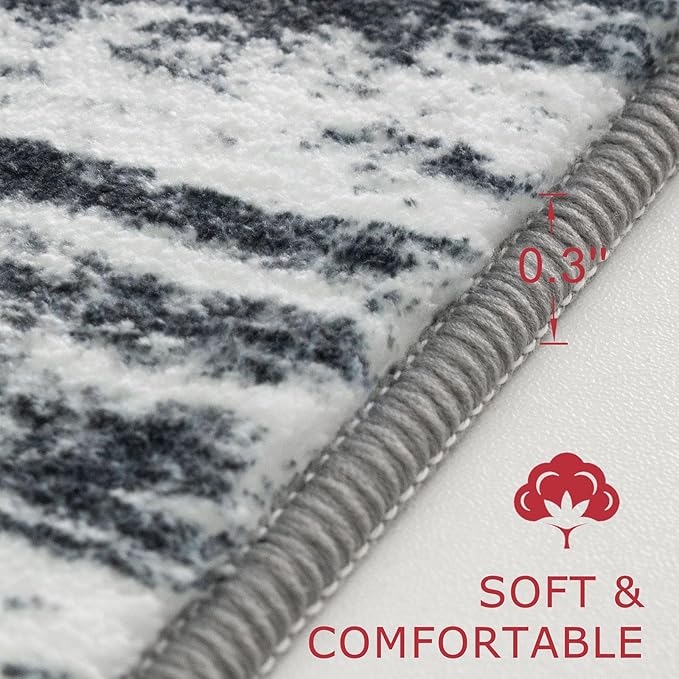 KOZYFLY Modern Abstract Small Area Rugs, 2x3 Washable Kitchen Rug Non-Slip Soft Small Bathroom Rug, Black Navy Blue Grey Striped Entryway Rugs Faux Wool Doormat for Bedside Entrance Bedroom Sink