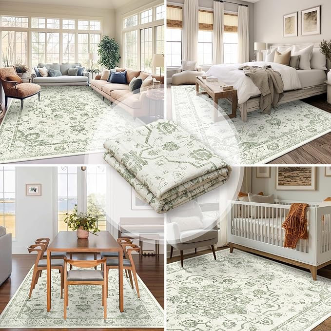 Madane 6x9 Area Rugs for Living Room, Vintage Stain Resistant Area Rug, Washable Floral Print Thin Floor Carpet with Non-Slip Backing for Bedroom Dining Room, Green/Ivory