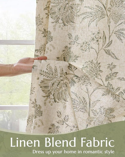 jinchan Lined Linen Floral Curtains for Living Room, 63 Inch Length Printed Flower Farmhouse Patterned French Country Back Tab Green Window Drapes Set Privacy Bedroom Curtains, 2 Panels
