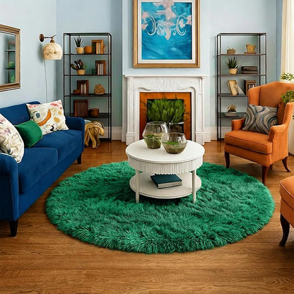 Amdrebio Dark Green Round Rug 4Ft for Bedroom, Fluffy Fuzzy Circle Area Rugs for Living Room Decor, Shaggy Emerald Green Rugs for Kids, Teen Boys, Baby Nursery, Furry Plush Floor Carpet for Classroom