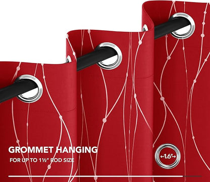 Deconovo Blackout Curtains, Christmas Red Curtain, Thermal Insulated Noise‑Reducing Drapes, Wave Line Dot Foil Print, 38 x 90 Inch, 2 Panels, Machine‑Washable Window Curtain for Party Home Decor