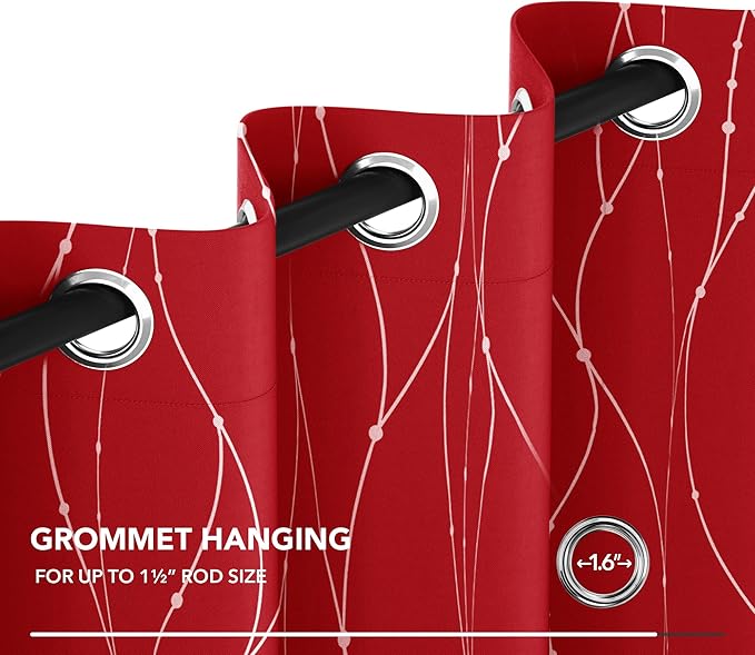 Deconovo Blackout Curtains, Christmas Red Curtain, Thermal Insulated Noise‑Reduced Drapes, Wave Line Dot Foil Print, 52 x 108 Inch Long, 2 Panels, Machine‑Washable Window Curtain for Party Living Room