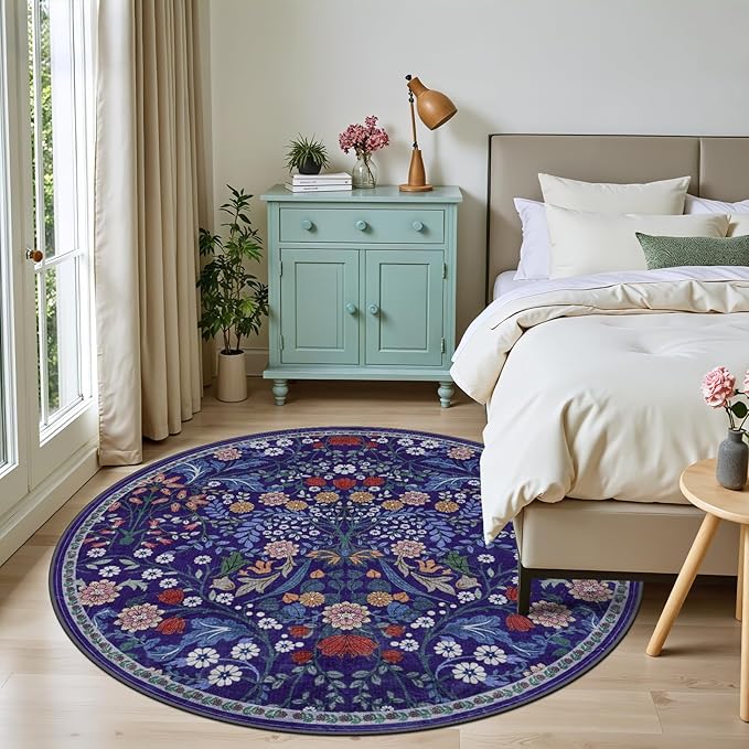 Round Area Rug for Living Room: 6 ft Floral Washable Circle Rug Soft Boho Non-Slip Carpet Indoor Stain Resistant Low Pile Small Circular Rug for Bedroom Entryway Kitchen Nursery Home Office Blue