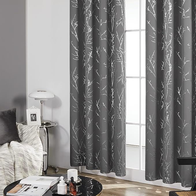Deconovo Grey Blackout Curtains for Bedroom, Thermal Insulated Soundproof Drapes, Silver Branch Foil Print, 42 x 72 Inches Long, 2 Panels, Machine‑Washable Grommet Window Panel for Living Room Office