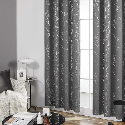 Deconovo Grey Blackout Curtains for Bedroom, Thermal Insulated Soundproof Drapes, Silver Branch Foil Print, 42 x 72 Inches Long, 2 Panels, Machine‑Washable Grommet Window Panel for Living Room Office