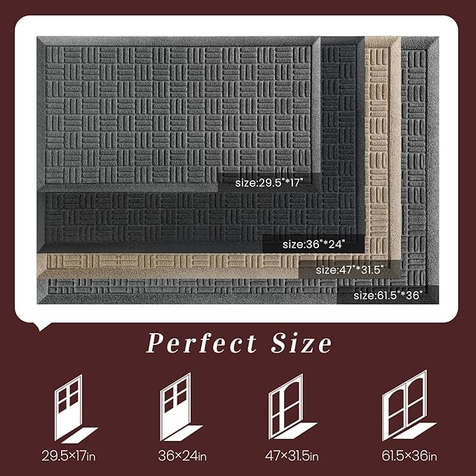 Mibao Front Door Mat Indoor Outdoor Entrance, Dirt Trapping Waterproof All-Season, All-Weather Doormat, Non-Slip Durable Natural Rubber Low Profile Easy Clean Patio Entrance Mat, 36" x 24", Black
