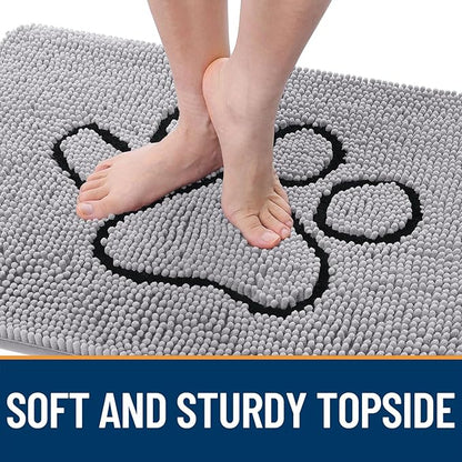 OLANLY Dog Door Mat for Muddy Paws 36x24, Paw Print Design, Absorbs Moisture and Dirt, Non-Slip Washable Doormat, Quick Dry Chenille Mud Mat for Dogs, Entry Indoor Entryway Carpet, Light Grey