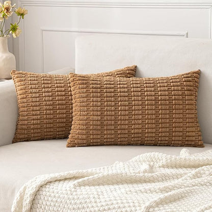 MIULEE Pack of 2 Corduroy Decorative Lumbar Throw Pillow Covers 20x12 Inch Soft Boho Striped Pillow Covers Modern Farmhouse Home Decor for Sofa Living Room Couch Bed Brown