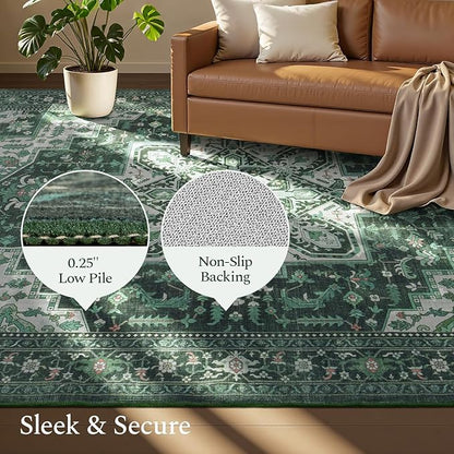 Rugflix 9x12 Area Rugs for Living Room, Machine Washable Rug Non Slip Stain Resistance, Large Rug Vintage Distressed Soft Carpet for Bedroom, Dining Room, Home Office, Green