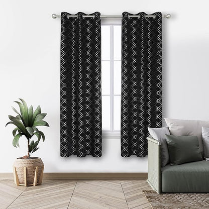 Deconovo Black Out Curtains for Bedroom Livint Room Nursery (42x72 Inch, Black/Silver, 2 Panels) Geometry Silver Patterned Room Darkening Curtains, Thermal Insulated Soundproof Drapes