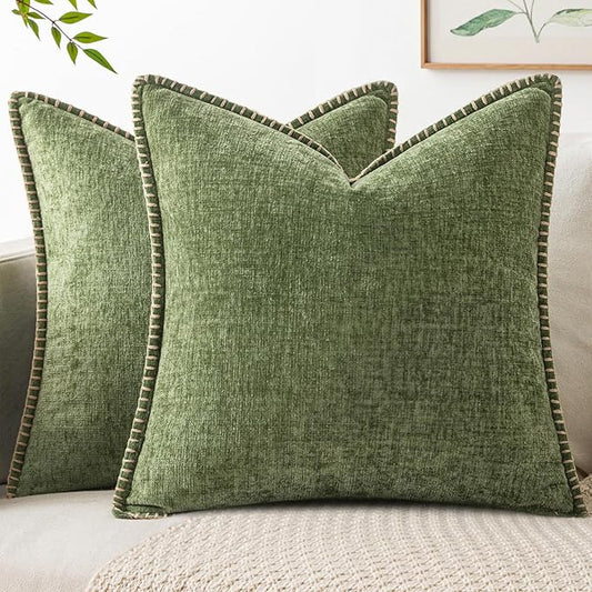 MIULEE Pack of 2 Couch Throw Pillow Covers 18x18 Inch Sage Green Farmhouse Decorative Pillow Covers with Stitched Edge Soft Chenille Solid Dyed Spring Pillow Covers for Sofa Bed Living Room