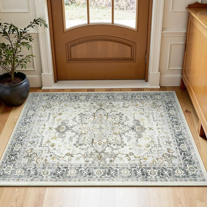 Lofus 2x3 Washable Rug for Entryway Bathroom, Non Slip Kitchen Mats for Floor, Vintage Soft Door Mat Indoor Entrance, Small Area Rugs, Farmhouse Carpet for Entry Living Room Bedroom, Taupe Grey