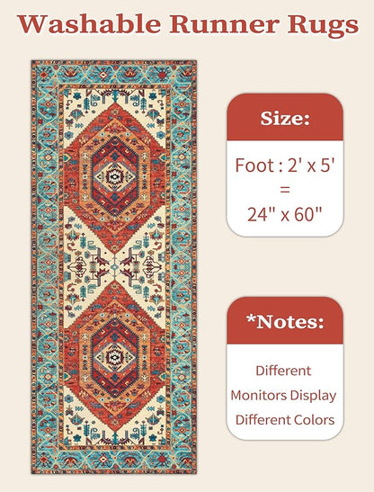 SERISSA Boho Washable Runner Rug, 2x5 Rug Runner Non-Slip Vintage Orange Hallway Kitchen Runner Rug Ultra Soft Print Distressed Tribal Floor Carpet Runner for Bedroom Bathroom Laundry Living Room