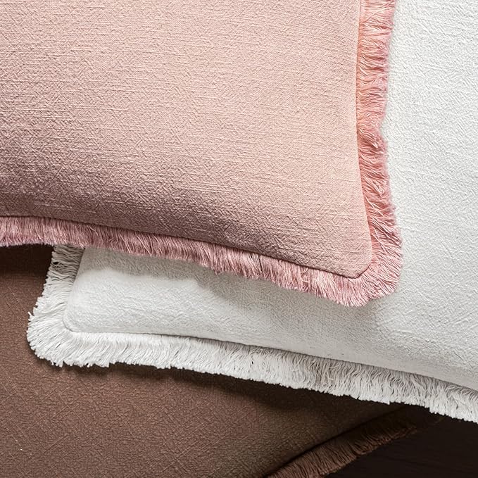 MIULEE Decorative Lumbar Throw Pillow Covers Neutral Linen Fringe Throw Pillows Set of 2 White Boho Farmhouse Cushion Covers with Tassels for Couch Sofa Bed Living Room Spring Decor 12x20 Inch