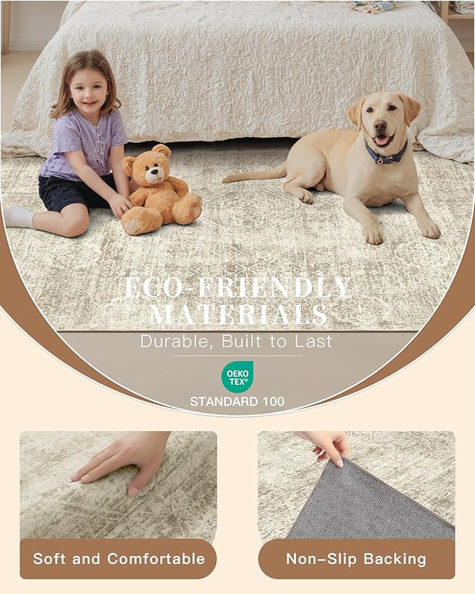 Madane 8x10 Area Rugs for Living Room, Machine Washable Vintage Beige Rug with Non-Slip Backing, Soft Throw Large Rug, Thin Carpet for Bedroom Dining Room Farmhouse Under Table