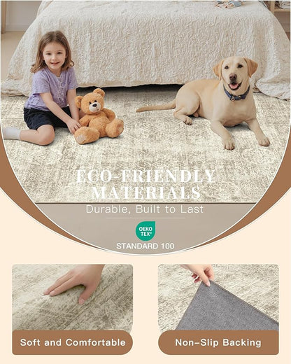 Madane 8x10 Area Rugs for Living Room, Machine Washable Vintage Beige Rug with Non-Slip Backing, Soft Throw Large Rug, Thin Carpet for Bedroom Dining Room Farmhouse Under Table