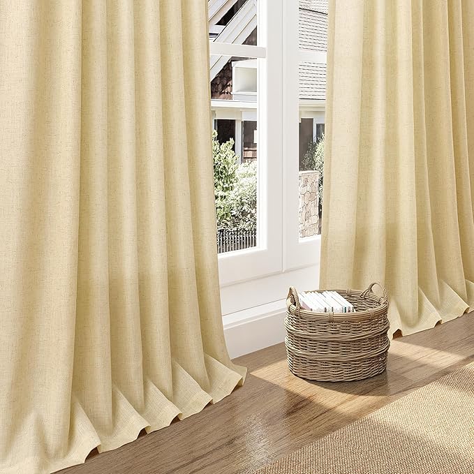 Nanspring Cream Yellow Linen Curtains 90 Inches Long for Living Room Light Filtering Modern Farmhouse Sheer Curtains Back Tab and Rod Pocket Curtain for Bedroom Office 52x90, 2 Panels