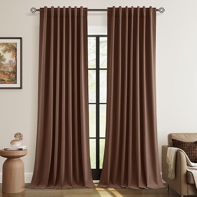 Guken 100% Blackout Curtains 102 Inch Length 2 Panels Set for Living Room Bedroom Back Tab Thermal Insulated Black Out Linen Drapes Room Darkening Window Curtains Rustic Brown