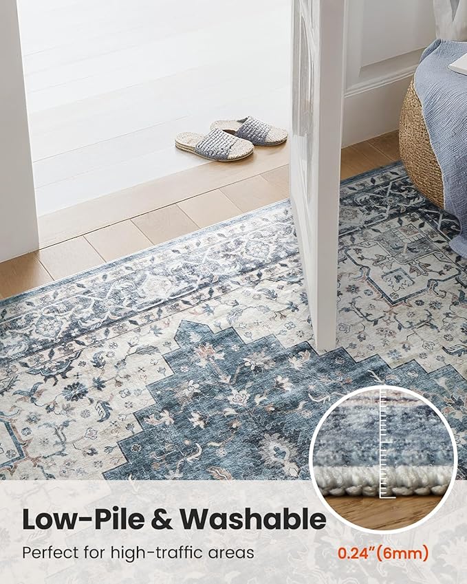 AMADA HOMEFURNISHING Round 8ft Area Rugs, Low-Profile Washable Rug with Non-Slip Backing & Durable Edge Binding, Vintage Rugs for Living Room, Bedroom, Dinning Room